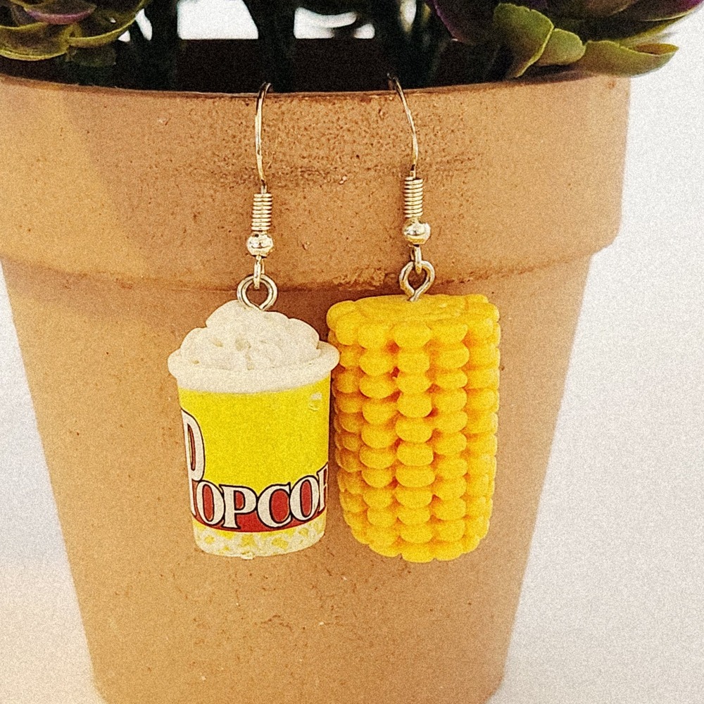 Mismatched Popcorn & Corn on the Cob Foodie Novelty Drop Earrings Yellow 1-1.25"